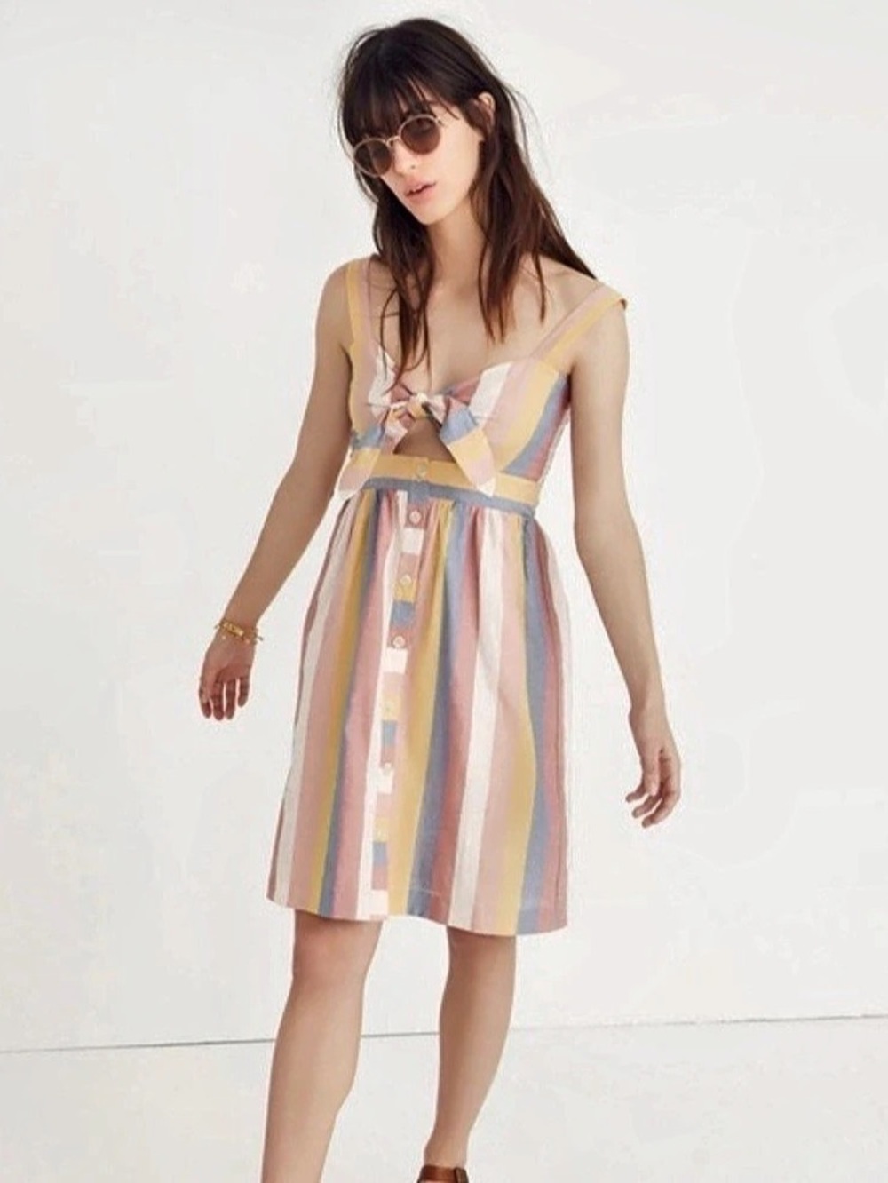Madewell Rainbow Stripe Tie-Front Button-Front Midi Dress Mini Dress